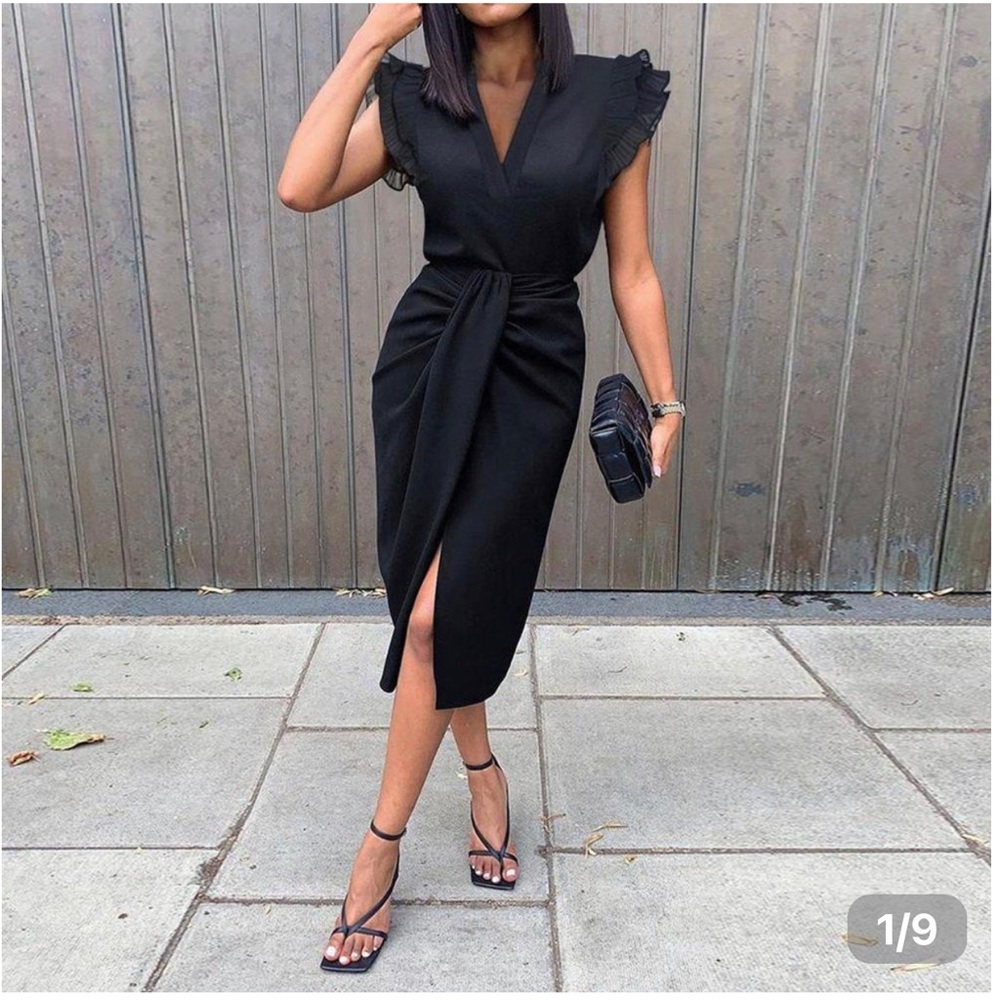 Ryabe Double Ruffle Sleeveless Plunging Collar High Slit Dress size small